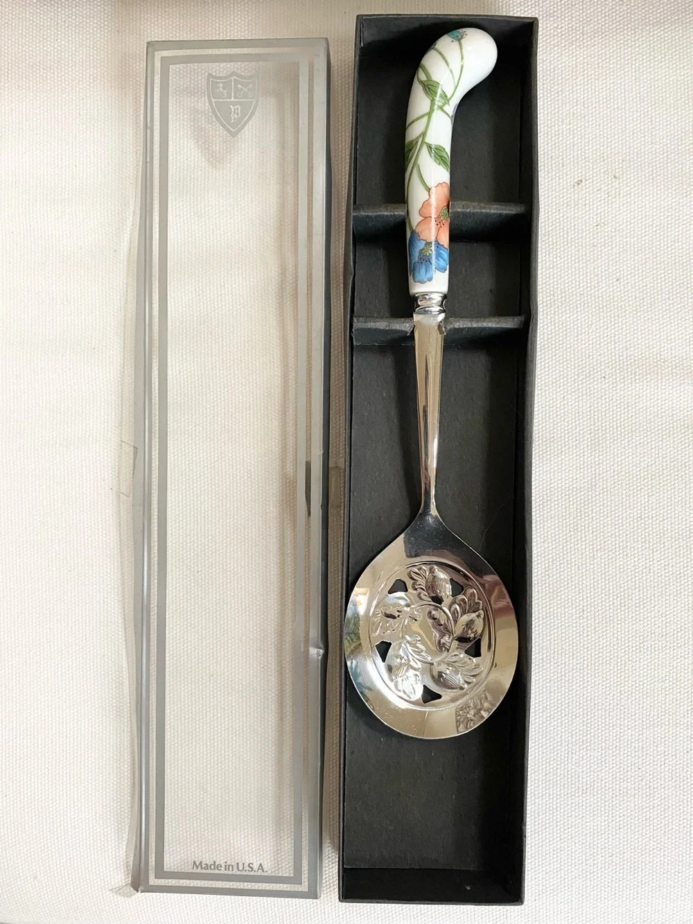 Vtg Sheffield England Dessert Serving Spoon Porcelain Poppy Floral Handle W Box